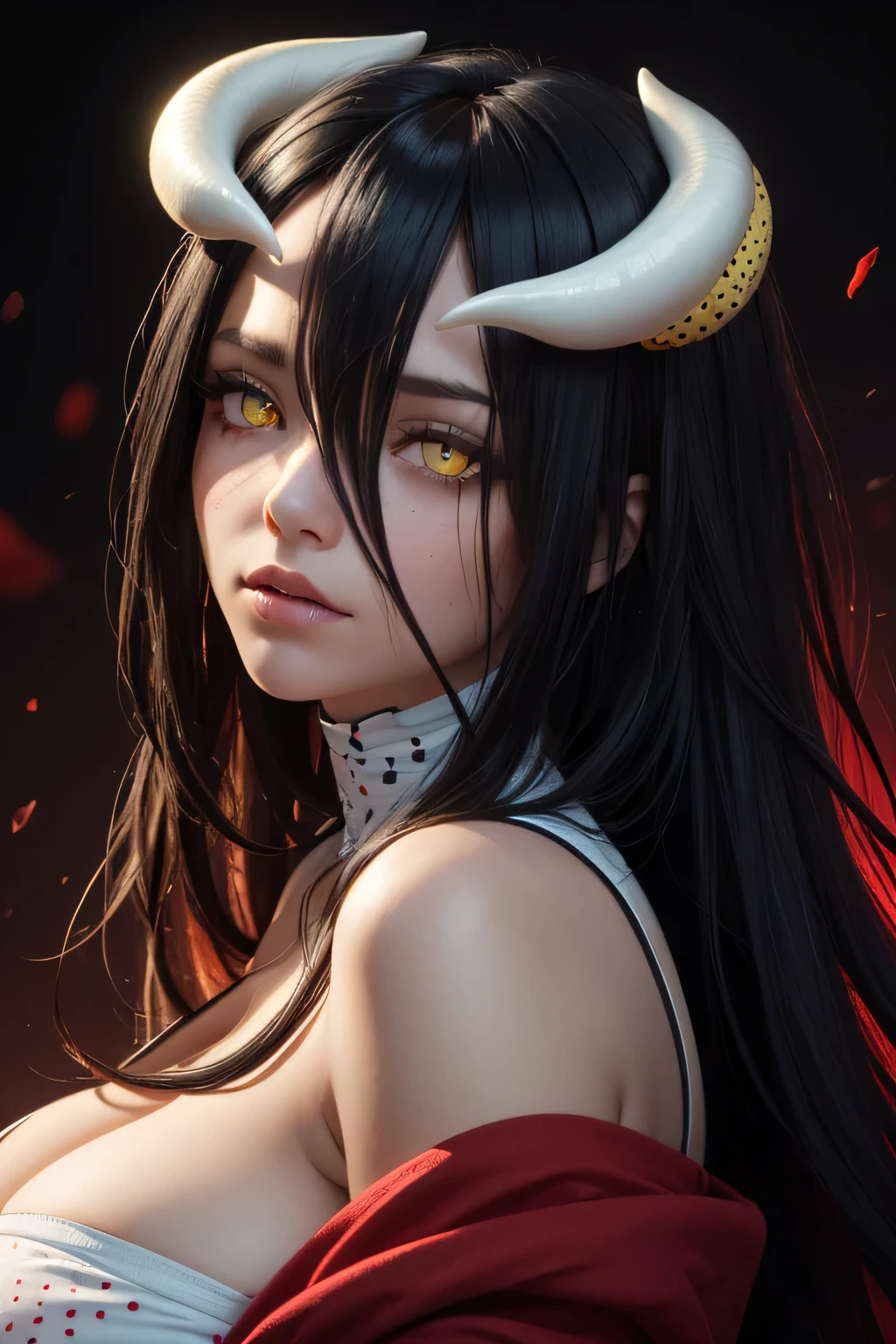 extremely detailed Unity 8k CG wallpaper),( masterpiece ),( better quality ),( full coat),( best illustration ),(ultra quality yellow eyes)( best shade),(White demon horns),( detailed face of a girl )(hair between eyes)(Ahoge),( long hair )( intense black hair ),(swollen nipped),(tuft dotted with red near the eyes),neckline,(huge breasts)(transparent gym top)(detailed background )..