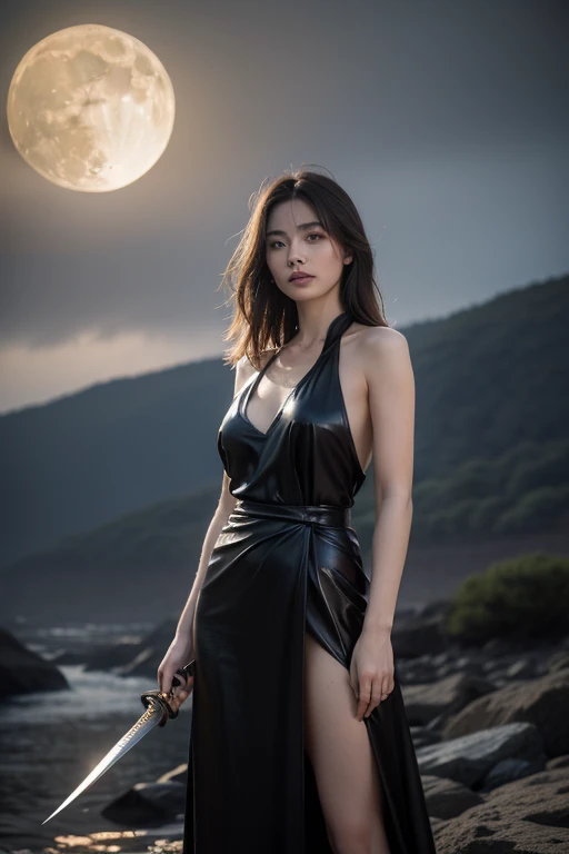 A 16k masterpiece, highest resolution, every detail, meticulousness, depth of field, bright colors, beautiful composition: a teenage girl with black hair and innocent eyes is so beautiful detailed, standing against a dark and ominous landscape. sexy silk dress outfit.