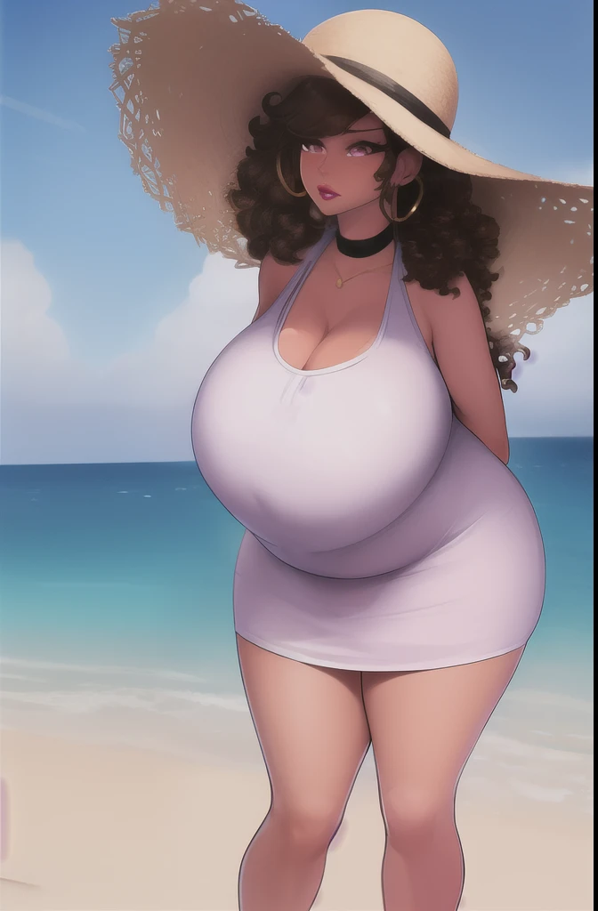 masterpiece,  Best Quality , 1 ,  futanari,  ray tracing , HDR,  volumetric lighting , 
 Standing with one hand on the hip and the other arm extended, 
 brown hair , Curly Bob,  long hair, dark pink eyes,  gold hoop earrings,  choker, thick lips,
athletic,  medium breasts, narrow shoulders,  narrow waist,  very wide hips, mid-length neckline, swollen breasts, swollen pregnancy belly, long beach dress, , a straw hat,  and sandals for a summer look ,  mature woman, pregnant woman 