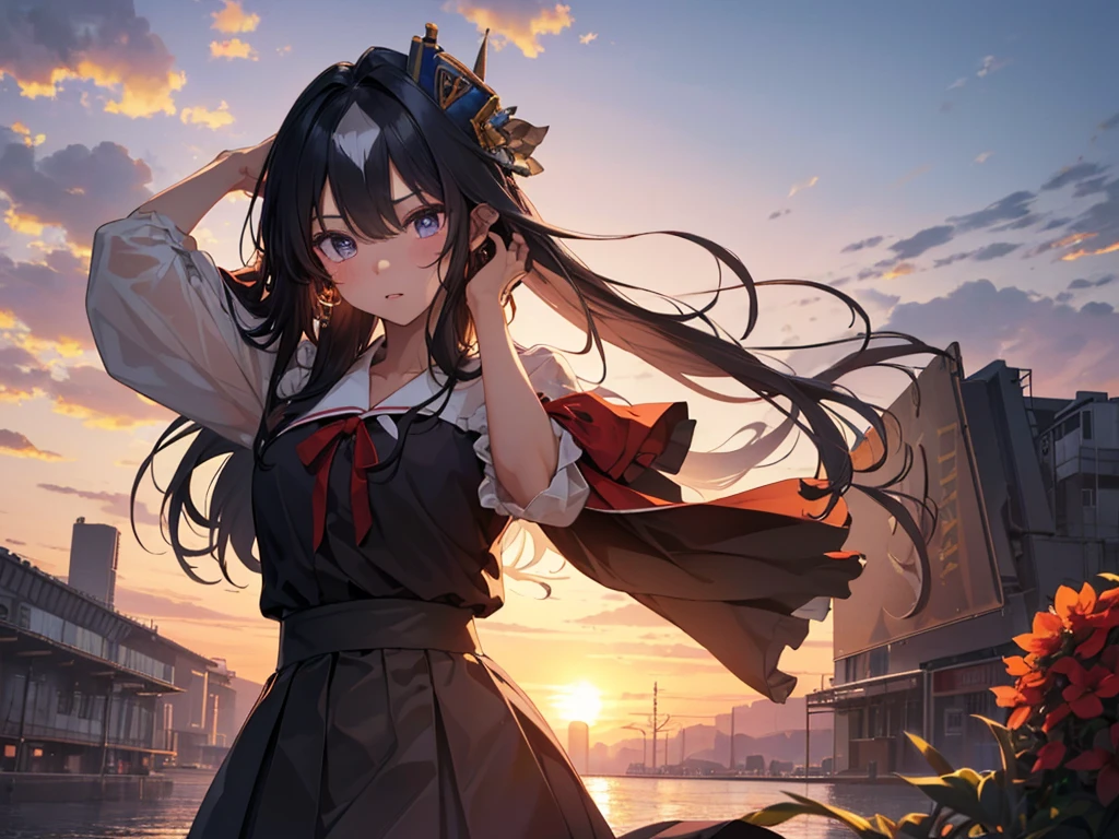 Solo, 1 girl, (human ears, earrings), (young face, figure, flat chest), (black hair, vertical rolls, long hair, hair tied in a big red ribbon, flower in bangs), (yandere expression), (((laying face on air mattress, hands on head, looking at camera))), (black casual dress with ruffled sleeves, black skirt with ruffled skirt), (sunset sky, sunset sun, evening sky), (focus on chest, oblique angle), (high resolution, masterpiece, accurate, anatomically correct, multiple awards, top quality, detailed, high quality model, high quality, retina, highly detailed, textured skin, ultra high resolution).