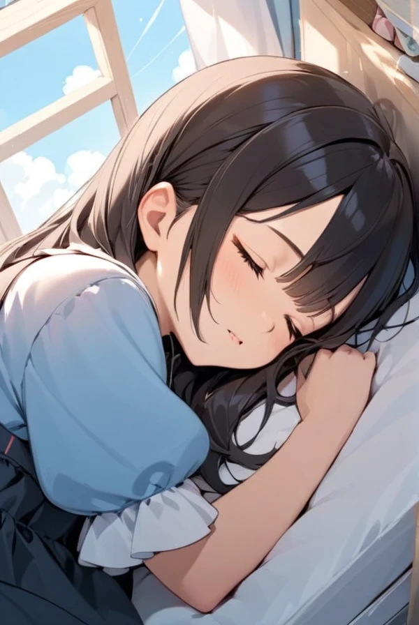 Long straight black hair,Bangs,adult female,Sleeping face,pajamas,Small sexy
