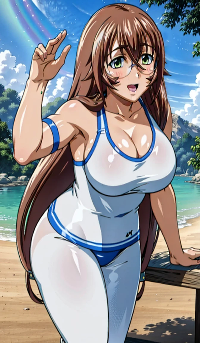 1girl in, masterpice, High quality, Best Quality, 4K, Solo, nffsw, Unity, Brown hair,Very long hair, Green eyes, Hair Ornament, Large breasts, (((Glasses))), good body, Perfect body, Outdoors, Dynapose ™, Cute Pose, cleavage, gleaming skin, oil skin, shiny skin, voluptuous, gym uniform, 