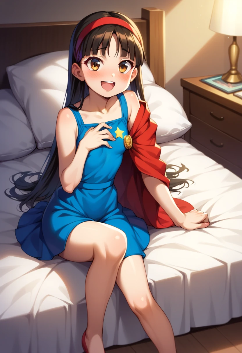 (( best quality)), ((masterpiece)), (be familiar with),  perfect face, indoor, bedroom,  watching viewers ,
One woman,  Yukiko Aikina,
 characters with open mouth ,  ecstatic expression with hands in front of body, blush, smile,
Small breasts,  flat chested, Young girl, Lori,  kids,  girl,
 long hair,  long hair,
Leg spread,