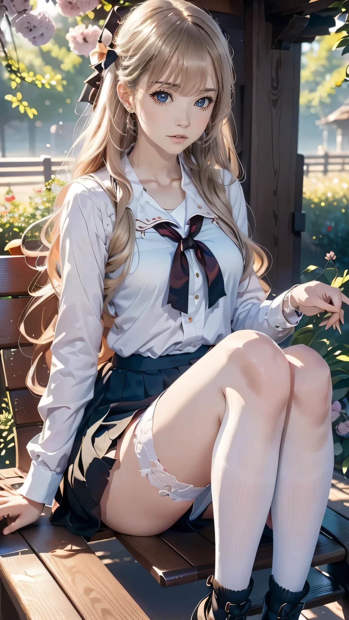 Close-up of a woman sitting on a wooden bench, seductive real girl, a hyperrealistic , hyperrealistic , attractive girl, realistic , girl in real life, blonde girl with long hair, beautiful anime high school girl, realistic young real girl, photorealistic , beautiful girl, girl, stockings and skirt