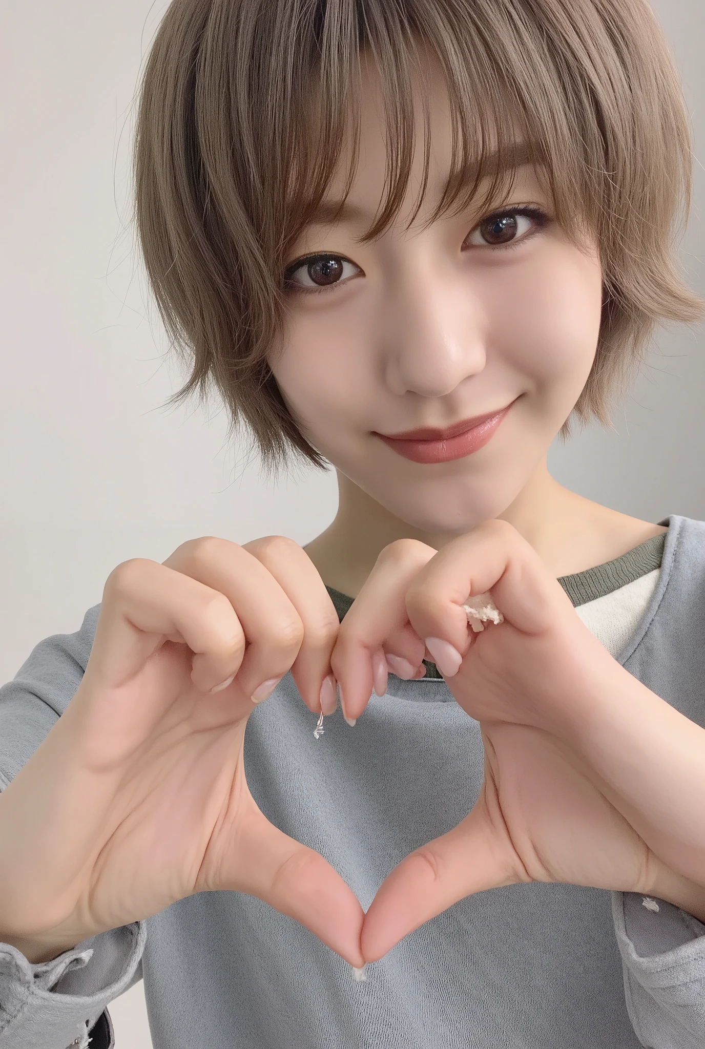 A smiling woman is posing alone wearing off-the-shoulder pajamas, making a firm big heart shape with both hands, and holding them in front of her chest, View above collarbone、The background is a monotone 、
