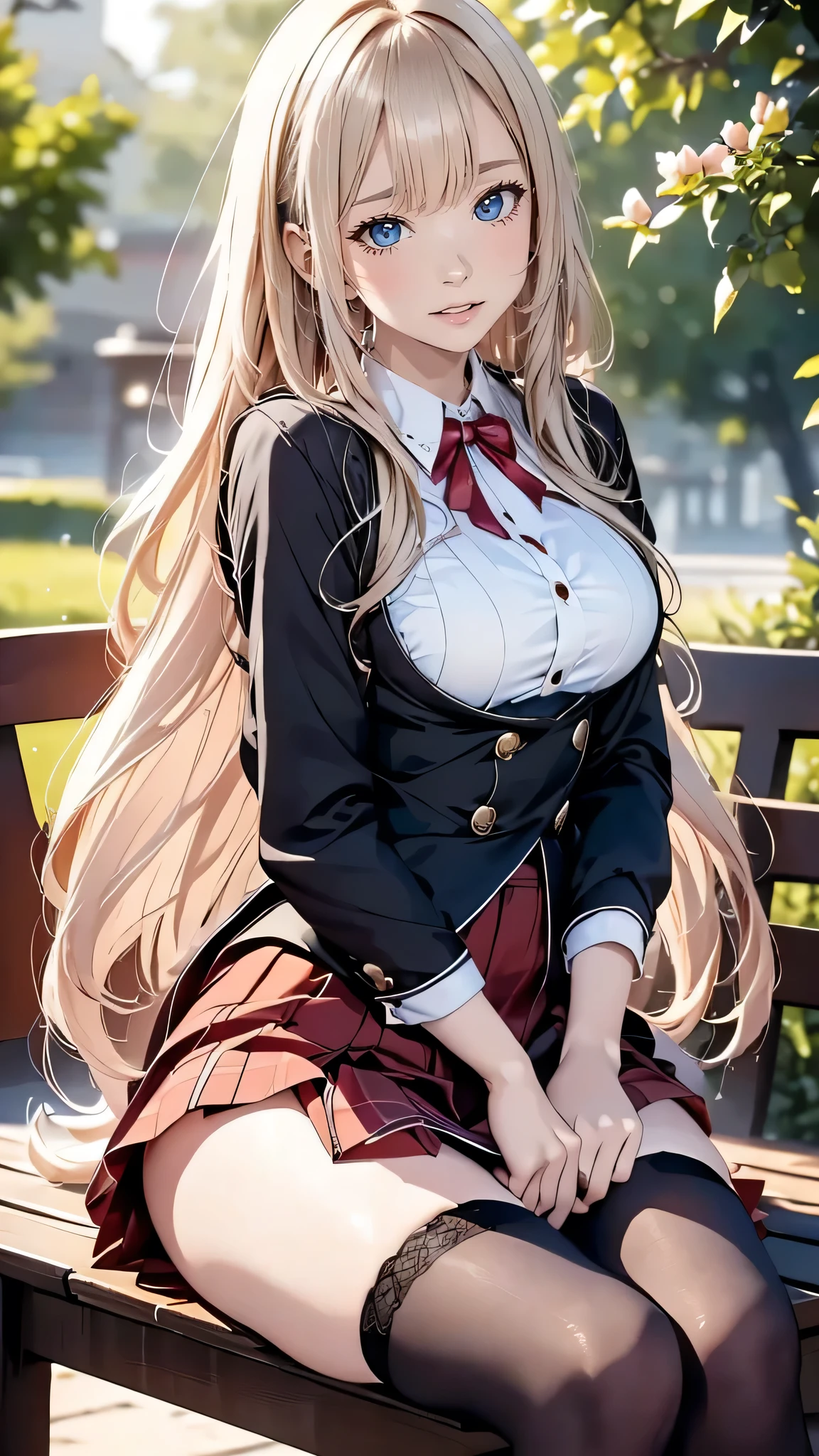 Close-up of a woman sitting on a wooden bench, seductive real girl, a hyperrealistic , hyperrealistic , attractive girl, realistic , girl in real life, blonde girl with long hair, beautiful anime high school girl, realistic young real girl, photorealistic , beautiful girl, girl, stockings and skirt