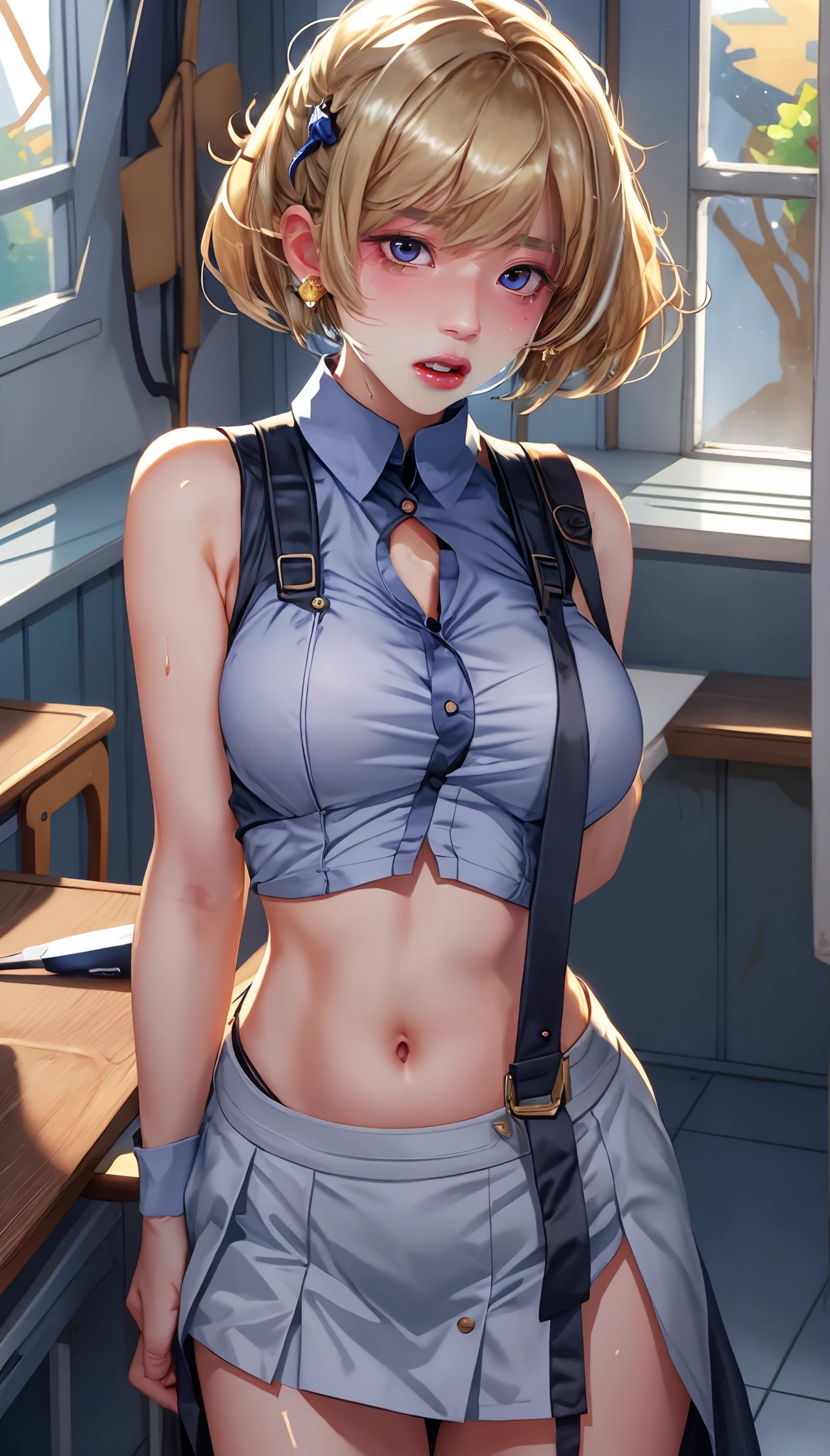 1 girl, Alone, alicia margatroid, Touhou, Masterpiece, detailed, Blue eyes, Short blonde hair, red headband, smiling, bob cut, dark blue thigh high stockings, high heels, art tools, female shorts, blue crop top, open jacket, medium sized breasts, artist gloves, plano general, puppet workbench