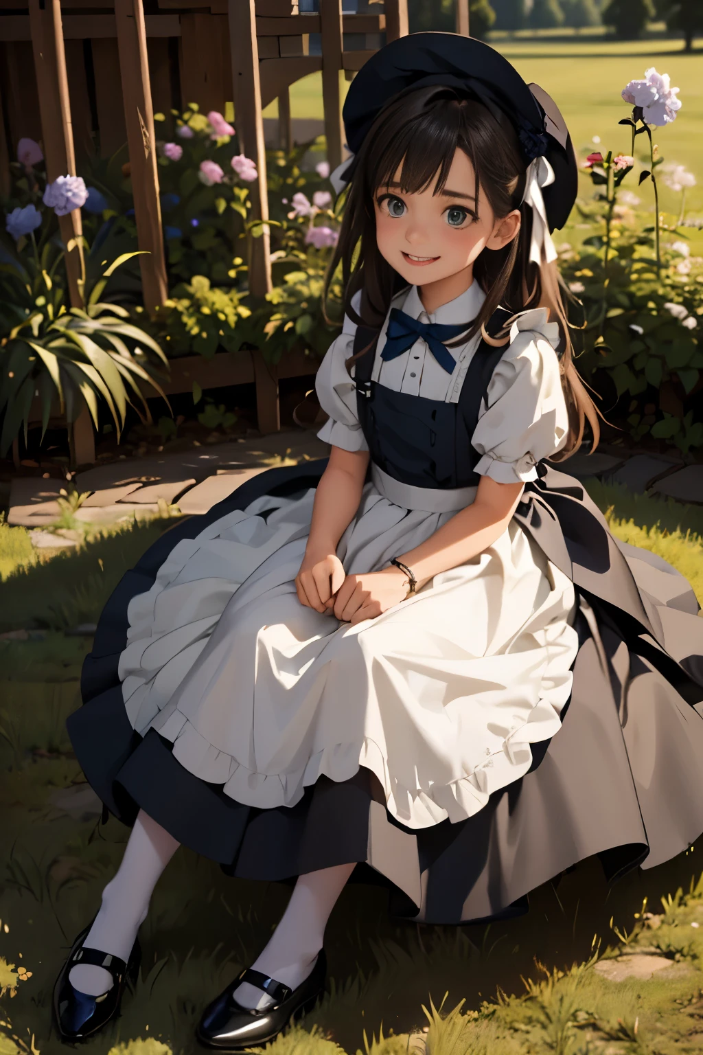 A serene outdoor scene unfolds at dusk, with a brilliant blue sky transitioning into a canvas of twinkling stars. A beautiful young girl, dressed in a stunning white and black gothic maid dress adorned with a navy blue ribbon, stands amidst lush green grass. Her companion, a delightful ddler, dons a charming maid hat with ruby accessories, complemented by black stockings and shoes. The line beams with joy, smiling brightly as they gaze up at the celestial display together