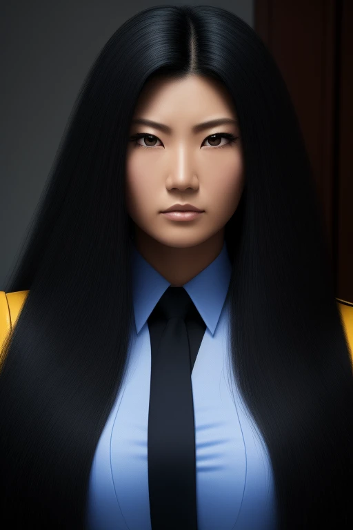 jet black hair,most very long hair,most very lion hair,most very wolf hair,most very frizzy hair,coarse hair,most very spread hairstyle,thick hair,fluffy hair,most very heavy weight hair,hair covering left eye,heavy looking hairstyle,most very voluminous hair,shiny jet black hair,female jail officer,black uniform,a heavy-looking uniform,black pants,1 Japanese woman,tall woman,woman's height 2.6m,most very strong face,most very angry face,black eyes,very close-up to face,most very muscle body,most very beautiful face,show more hair,high resolution,white background