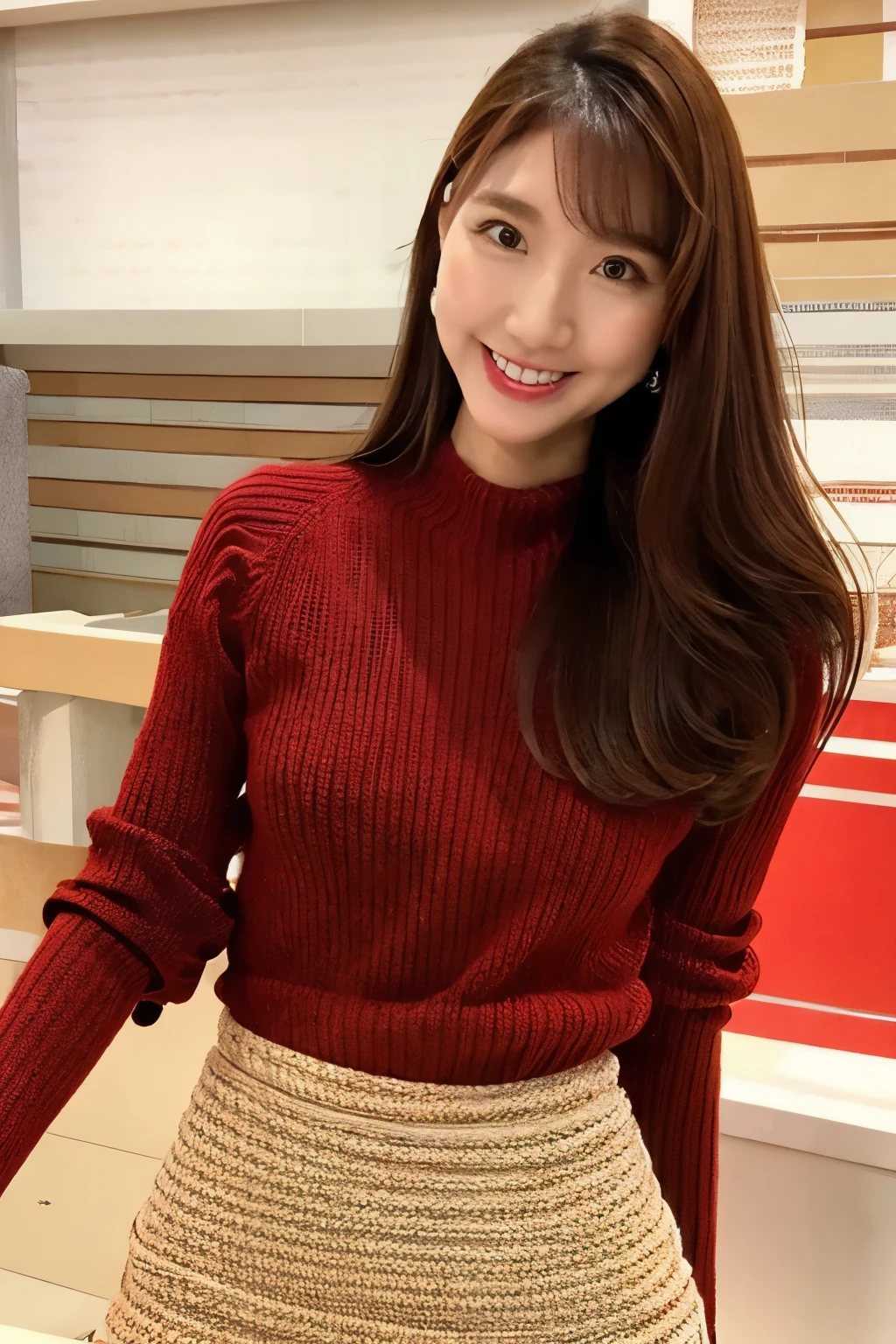  brown hair、 straight hair、With bangs、Beautiful breasts、 slim body、Red knitted sweater、Brown mini skirt、Standing in front of a counter table、In the morning news studio