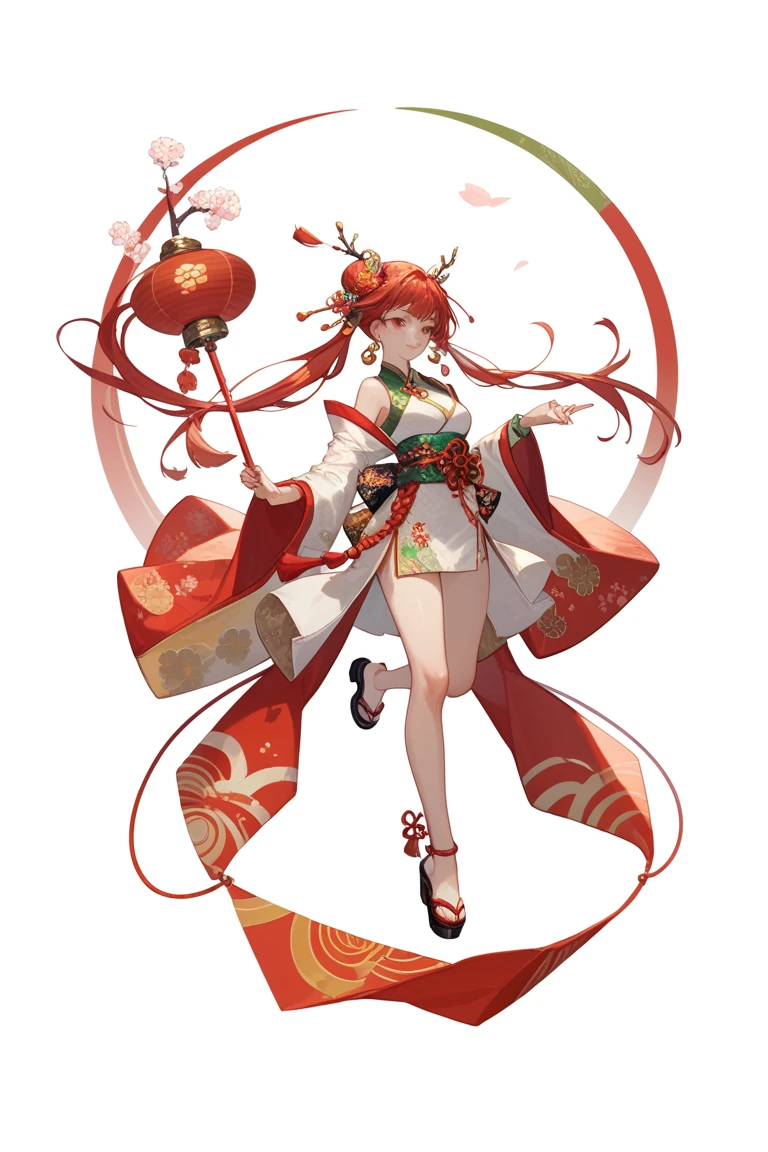 Anime girl in a kimono with red hair and red shoes,, The pattern of the kimono is a peony flower, cute playful pose of dancer, Two mini shrimp characters on the head, anime style characters, in Japanese anime style,shirabii