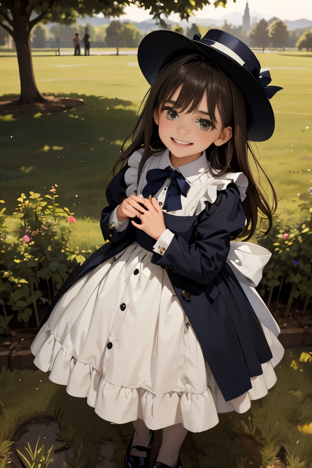 A serene outdoor scene unfolds at dusk, with a brilliant blue sky transitioning into a canvas of twinkling stars. A beautiful young girl, dressed in a stunning white and black gothic maid dress adorned with a navy blue ribbon, stands amidst lush green grass. Her companion, a delightful **ddler, dons a charming maid hat with ruby accessories, complemented by black stockings and shoes. The ****** one beams with joy, smiling brightly as they gaze up at the celestial display together