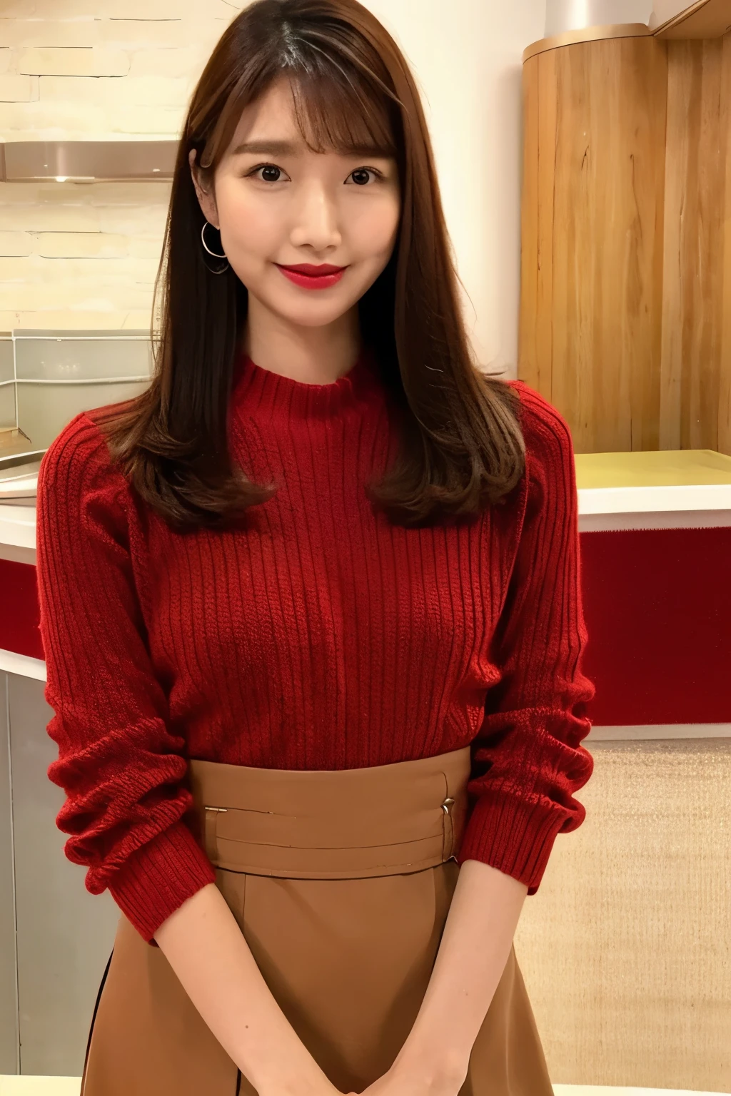  brown hair、 straight hair、With bangs、Beautiful breasts、 slim body、Red knitted sweater、Brown mini skirt、Standing in front of a counter table、In the morning news studio