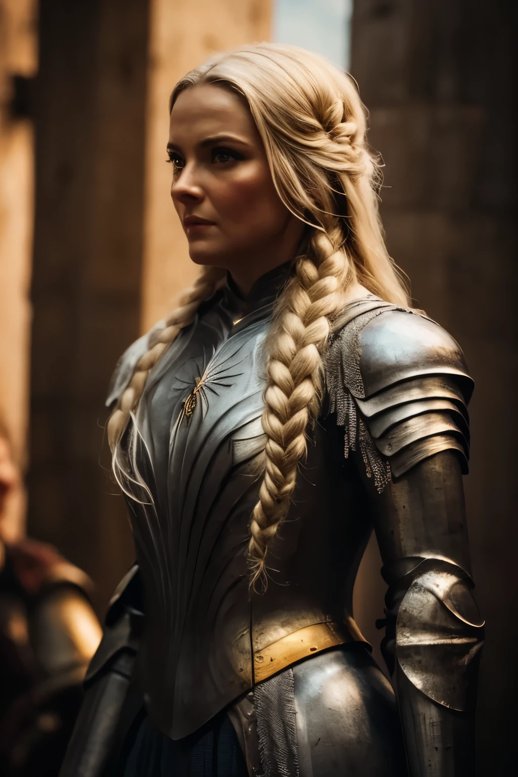 Galadriel. Hyper-realistic details on the face and hands , metal texture of the highly detailed armor , skin illuminated with perfection , cinematic atmosphere , epic and glorious . natural light, 35mm photograph, film, professional, 4K, highly detailed, Golden hour lighting. Depth of field F2. Rule of Thirds Composition.
