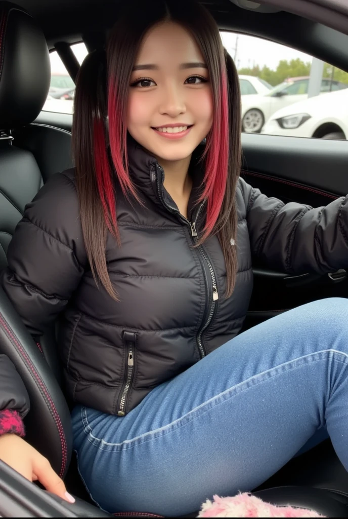 ((  better quality  , 8K,  masterpiece : 1.3)), zoom: 00.2,  Perfect Body Beauty  : 5.4, glutes: 5.2, ((Bicolor black  , red haircut , old: 3, 2)), (("Padded jacket and JEANS "))  Very detailed skin and face texture ,  beautiful eyes of God  ,  double eyelid  ,  discolored skin  , long hair , (happy: 0.3)  A beautiful girl Gial  ("  big breasts") ((" bicolor fur , black and red" "with pigtails"))((In a Ferrari with a padded jacket )) (  Realistic photo) (  better quality  ) ( light brown eyes ) (with bows) (( Attention to hair))