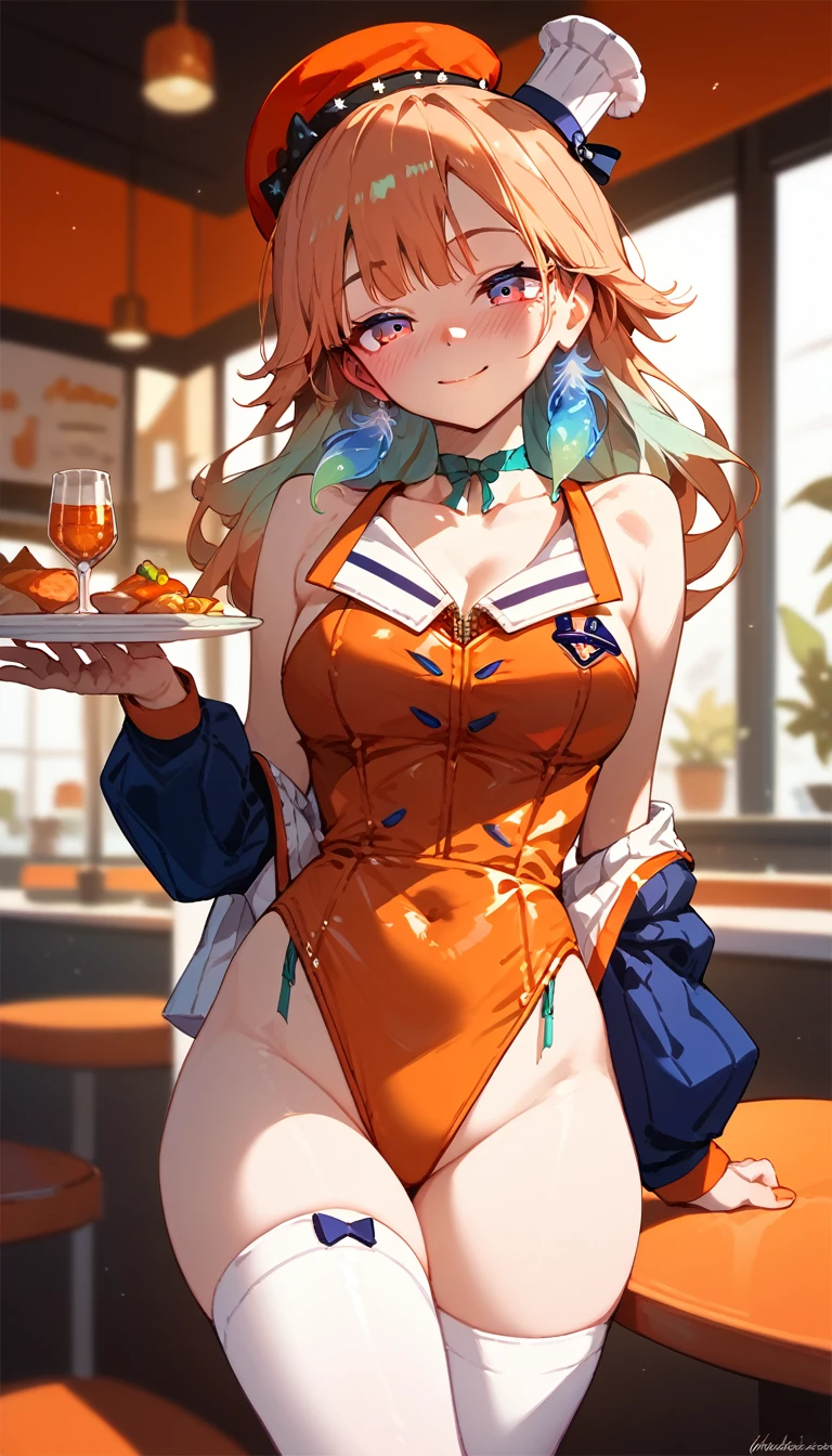 1 girl (masterpiece) perfect face, expressive eyes, KiaraBase, long hair, feather earrings, orange beret, mini chef hat, ribbon choker, orange playboy bunny, white thigh highs, blushing, at a restaurant, soft smile 