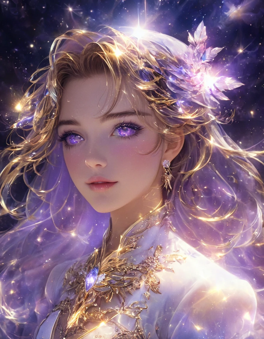Masterpiece,highest resolution,((moon)),Wear a silk dress to cover the body.,Set of beautiful noble ladies,Chestnut brown hair curled elegantly.,clear purple eyes,The hair was covered with beautiful and delicate flower crafts., Filigree crystal jewelry,Very detailed details,raise the level,The world rose up,HD,120K,