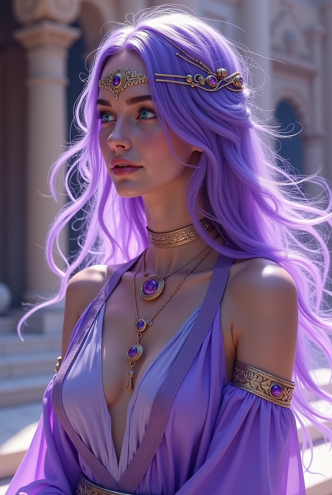 Illustration of a beautiful, delicate full-body layout of a 20-year-old woman: with a golden ratio face, a perfect body and a cheerful expression, a happy smile combined with white teeth attracts all eyes. look, long purple hair, pink lips, diamond jewelry, evening gown, displayed in 8K resolution with super fine detail, white skin in every detail with perfect beauty. eyes looking out, the Colosseum landscape.
