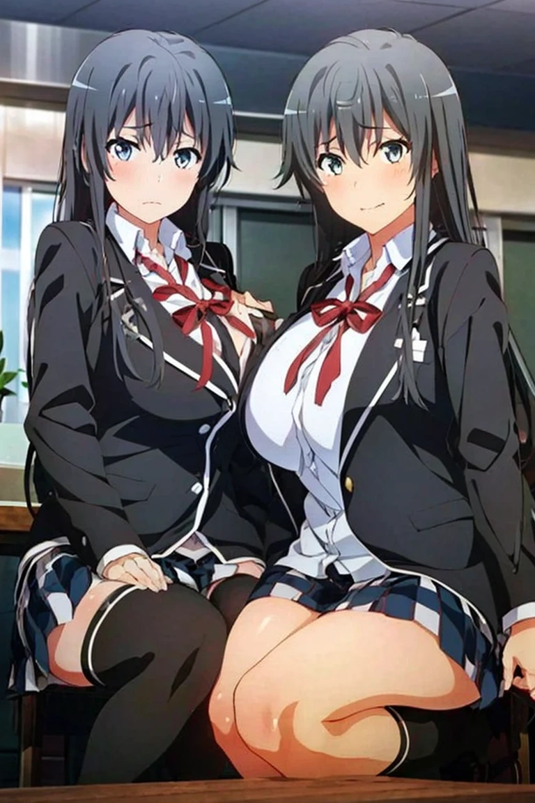 (Nsfw), 2girls , Yukinoshita Yukino ,  by comparison , (gigantic breasts), (side coop paizuri ) ,  school uniform, 