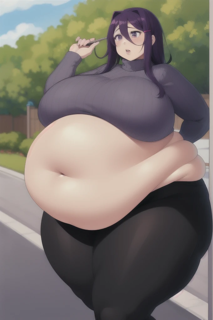 2d, masterpiece, best quality, anime, highly detailed, cowboy shot, 1girl, solo, yuri, purple eyes, purple hair, hair between eyes, hairclip, turtleneck, black pants, tall, (large breasts:0.8) shy, embarrassed, playing with own hair, outdoors, chubby, chubby girl, curvy, large breasts, lips, plump, thick thighs, thighs, (((oversized gigantic stomach)), curvy, large breasts, lips, plump, thick thighs, thighs, (((oversized gigantic stomach)), curvy, large breasts, lips, plump, thick thighs, thighs, (((oversized gigantic stomach)), waltzpurgis