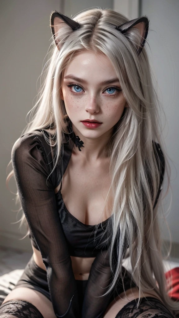 UHD, A beautiful cat-girl with blonde cat ears, long blonde hair with white highlights. Bright gray eyes (Ultra definition on eyes), perfect gray eyes, (Realistic freckles:1.2). Her face is extremely cute with a lustful smile. Her body is small, medium breasts. (Black Crop top, red skirt, black stockings, long black gloves, black silk scarf). She is sitting on the bed