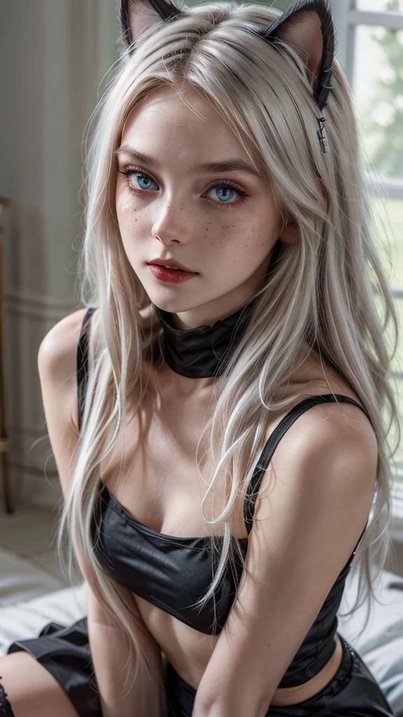 UHD, A beautiful cat-girl with blonde cat ears, long blonde hair with white highlights. Bright gray eyes (Ultra definition on eyes), perfect gray eyes, (Realistic freckles:1.2). Her face is extremely cute with a lustful smile. Her body is small, medium breasts. (Black Crop top, red skirt, black stockings, long black gloves, black silk scarf). She is sitting on the bed