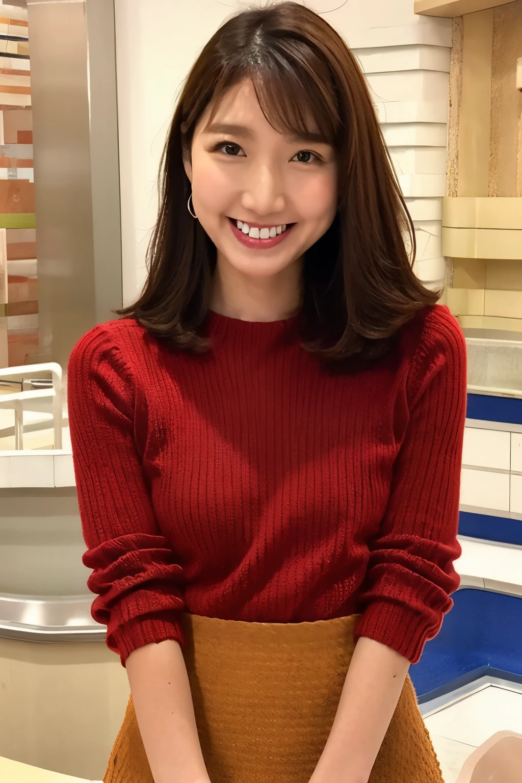  brown hair、 straight hair、With bangs、smile、Beautiful breasts、 slim body、Red knitted sweater、Brown mini skirt、 I'm crossing my hands behind my head、Standing in front of a counter table、In the morning news studio