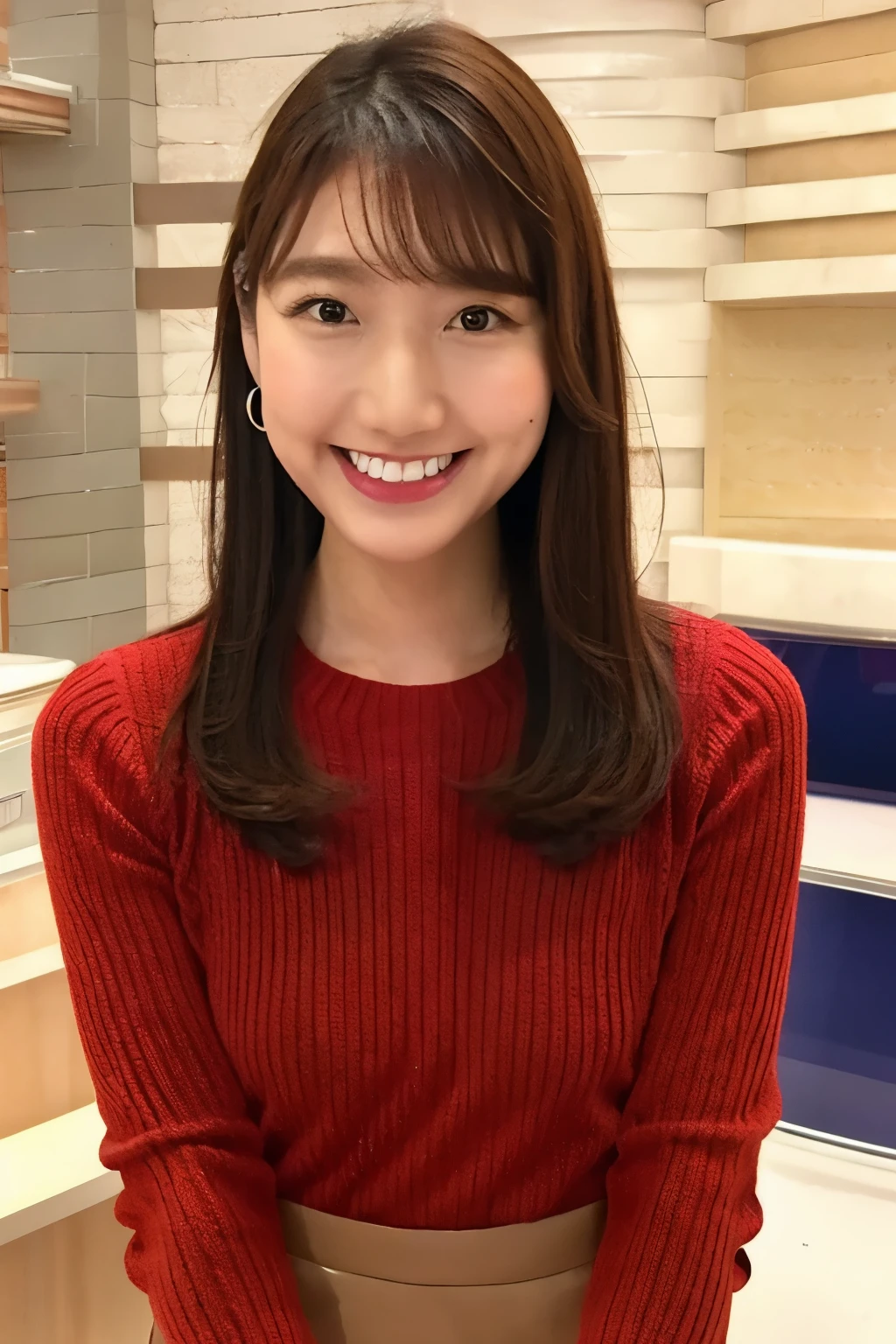 brown hair、 straight hair、With bangs、smile、Beautiful breasts、 slim body、Red knitted sweater、Brown mini skirt、 I'm crossing my hands behind my head、Standing in front of a counter table、In the morning news studio