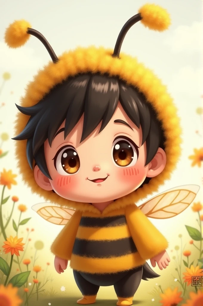 A boy with straight hair wearing a black and yellow striped outfit with a bee design 