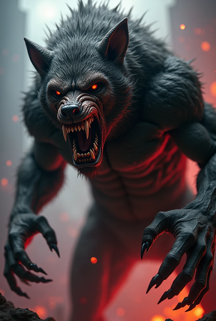 Werewolf head out of hell aggressive teeth Fletschen sharp claws red black fur
