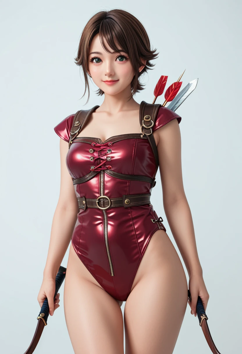 Japanese female, (underweight), (flat chest best quality:1.5), (cheerful grin:1.1),
(red metal bikini armor:1.3), cleavage, fingerless gloves, navel, pelvic curtain, thighs, (holding sword:1.3),(holding round shield:1.5)