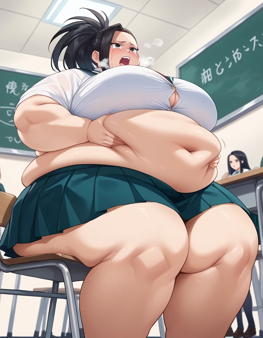 fat body, tall, yaoyorozumomo, black eyes, black hair, ponytail, long hair, hair pulled back, school uniform, fat body, t big . , desireable, tempting, lust, fat, chubby, obese, gigantic arms and legs ,open mouth, blush, out of breath, trying to wear outgrown skirt, crying, shouting, from below, popped buttons, grabbing belly, ripped cloth, looking belly, sitting,