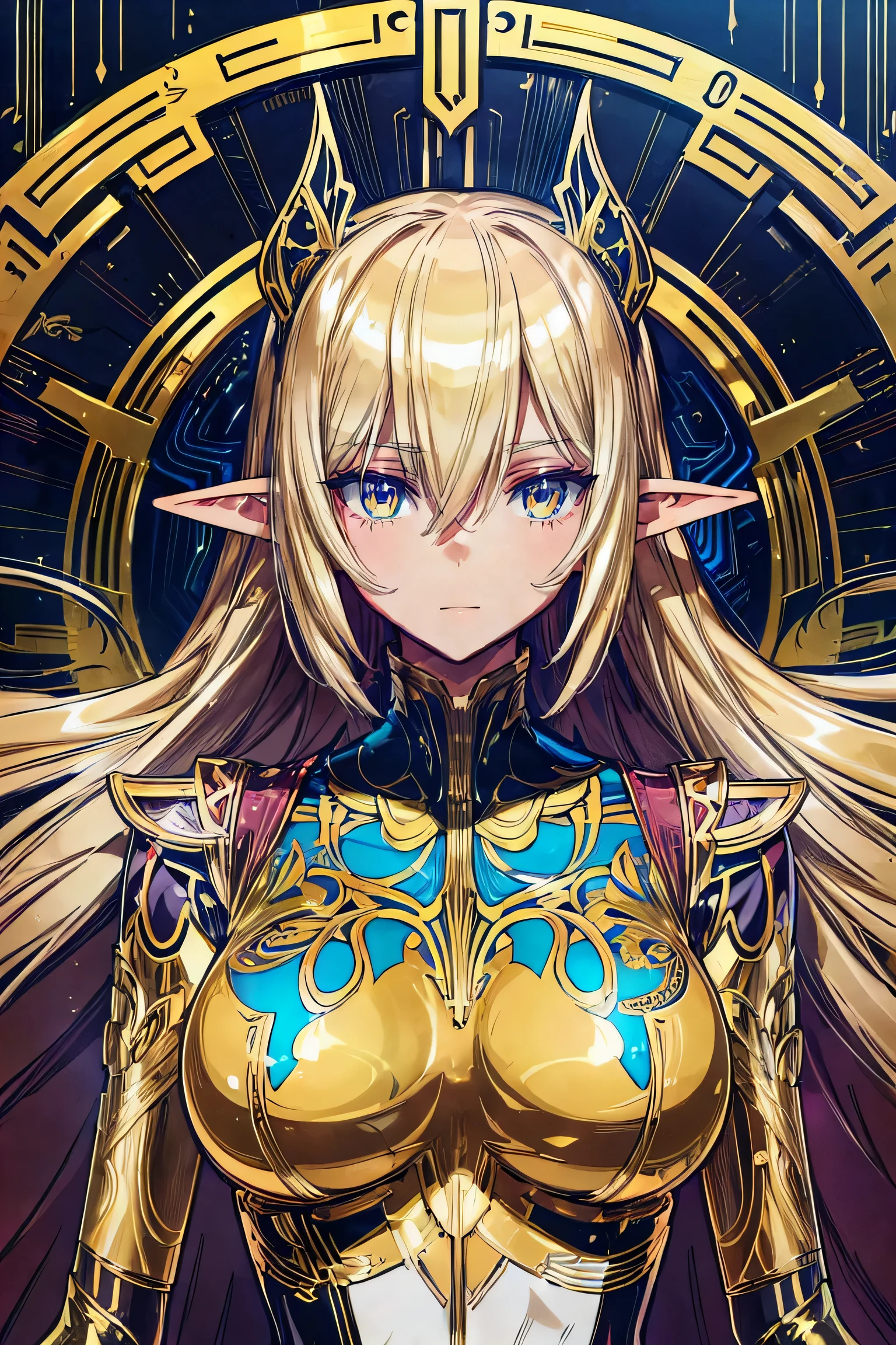 electronics, gold circuitry, gold wiring, buttons, mechanical parts, beautiful abstract ai model with elf ears, smooth shiny pink surface, pretty face, sexy, minimal, sleek, slender, asian, elegant, futuristic, retro, sophisticated, (half human half machine), big gold eyes, ornate gold border, gold metallic background, art nouveau