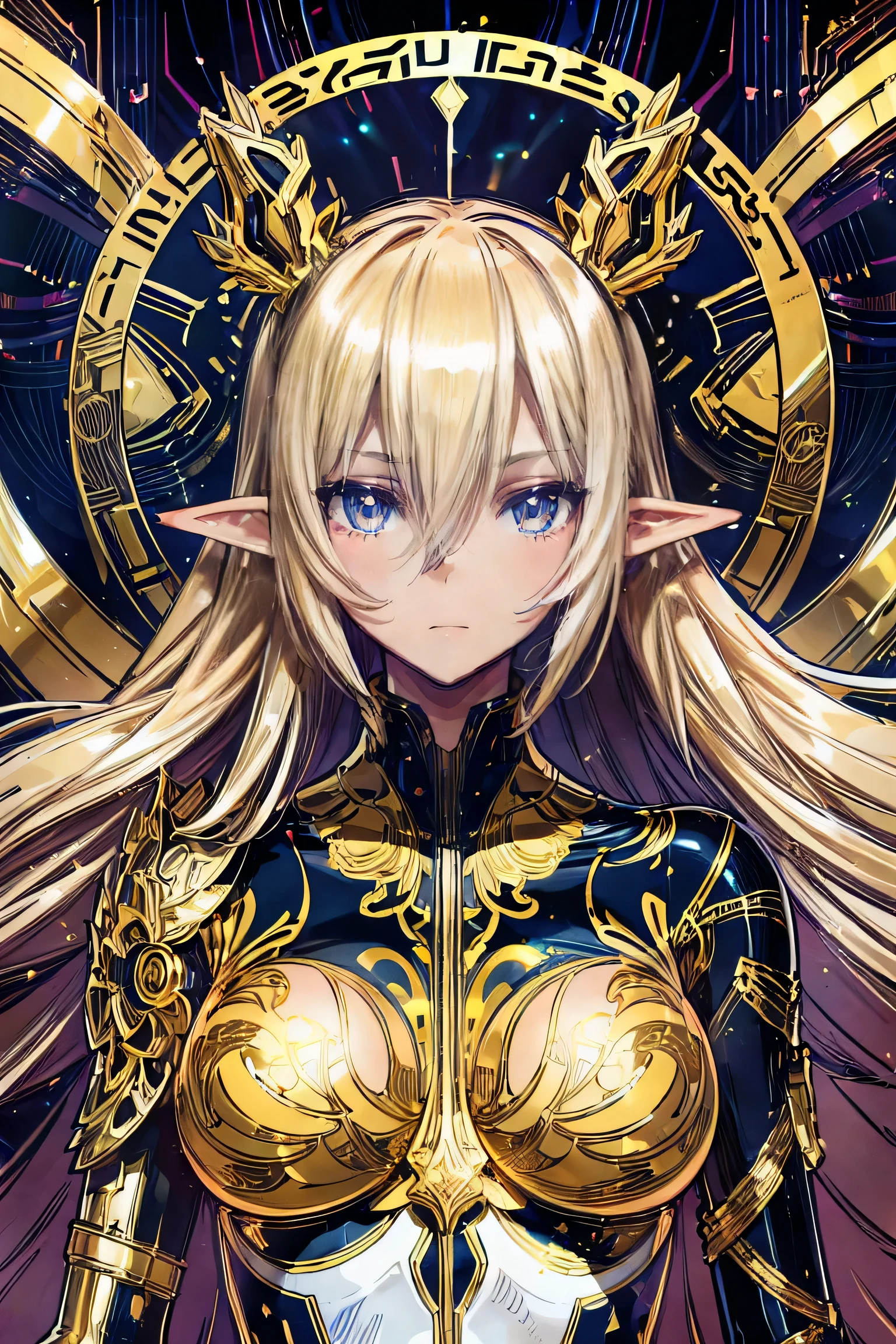 electronics, gold circuitry, gold wiring, buttons, mechanical parts, beautiful abstract ai model with elf ears, smooth shiny pink surface, pretty face, sexy, minimal, sleek, slender, asian, elegant, futuristic, retro, sophisticated, (half human half machine), big gold eyes, ornate gold border, gold metallic background, art nouveau
