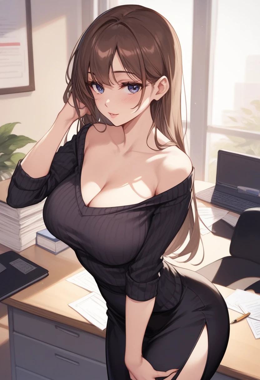 (adult woman), Blush, very horny, light skin,  black sweater shirt , brown pencil skirt , (neckline), long skirt,  long dark brown hair , ( dark blue eyes ), (seductive look), beautiful face, chest, Sensual, Highest quality,standing pose, (Bottom:  In front of the office desk)