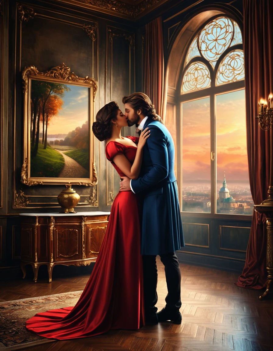  there's a man and a woman ,  kissing in a room ,  Digital art by Alexander Kucharsky, the trend towards cg society ,  Digital art,  romance novel cover ,  romantic book cover ,  romantic book cover  style,  elegant digital painting , urban fantasy  romantic book cover , beautiful kiss, Epic novel , romantic couple,  romantic picture ,  Digital art of an elegant, cover illustration, couple kissing game art matte painting,  oil painting in high detail, hyperdetailed 3D matt painting ,  3D rendering and oil painting , photorealistic dark concept art ,  highly realistic concept art,  3d matte painting rendering 