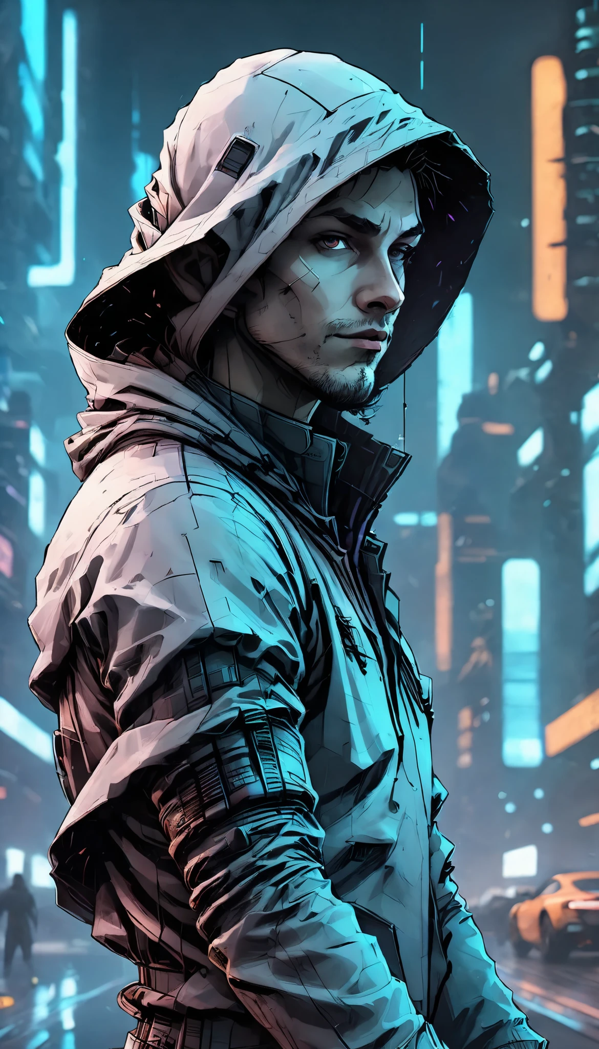 wide long shot, ((a man in a hooded futuristic suit with his back to the camera:1.5)), standing on a ledge, looking at a futuristic city at night, a dark cityscape with bright lights (best quality, 4k, 8k , high resolution, masterpiece: 1.2), ultra detailed (realistic, photorealistic, photorealistic: 1.37), cinematic lighting, dramatic shadows, moody atmosphere, intricate details, bright city lights, advanced technology, retro-futuristic architecture, dynamic pose, hood that casts shadows on the face, intense gaze
