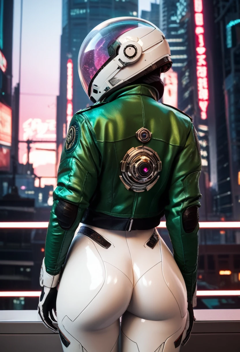 1girl,solo,futuristic city background,cowboy shot,ruanyi0812,white bodysuit,skin tight,sci-fi,green jacket,green jacket,open jacket,back,glass helmet,ass,score_9,score_8_up,score_7_up,,8k,1girl,solo,big ass,realistic image,3d,sharp eyes,realistic eyes