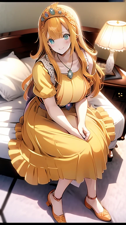 Browsing Caution, masterpiece, highest quality, dq Laura, tiara, Orange Hair, Long Hair, big , teeth, necklace, Yellow Dress, Elbow hand pockets, View your viewers, smile, bedroom, bed, Sitting