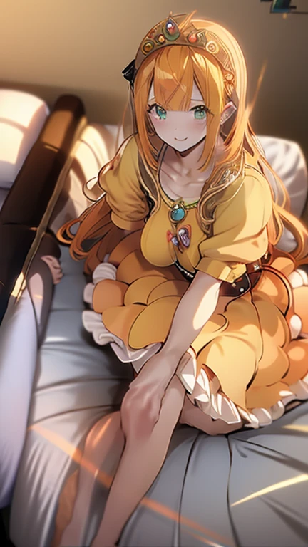 Browsing Caution, masterpiece, highest quality, dq Laura, tiara, Orange Hair, Long Hair, big , teeth, necklace, Yellow Dress, Elbow hand pockets, View your viewers, smile, bedroom, bed, Sitting