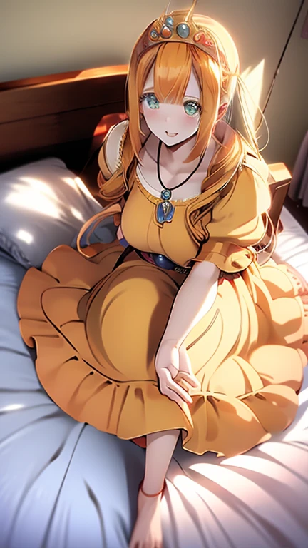 Browsing Caution, masterpiece, highest quality, dq Laura, tiara, Orange Hair, Long Hair, big , teeth, necklace, Yellow Dress, Elbow hand pockets, View your viewers, smile, bedroom, bed, Sitting