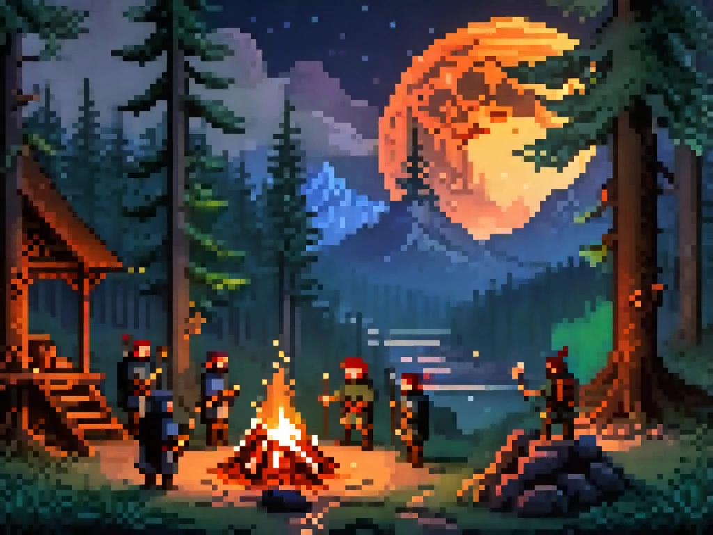 The image is a pixel art illustration of a group of people gathered around a campfire in a forest at night. The campfire is burning brightly in the center of the image, with a large orange glow emanating from it. The people are dressed in medieval-style clothing and are holding various weapons, including swords, spears, and shields. They are standing in front of a mountain range with a full moon in the background. The trees surrounding the campfire are tall and green, and the sky is dark with stars twinkling in the distance. The overall mood of the scene is peaceful and serene.

