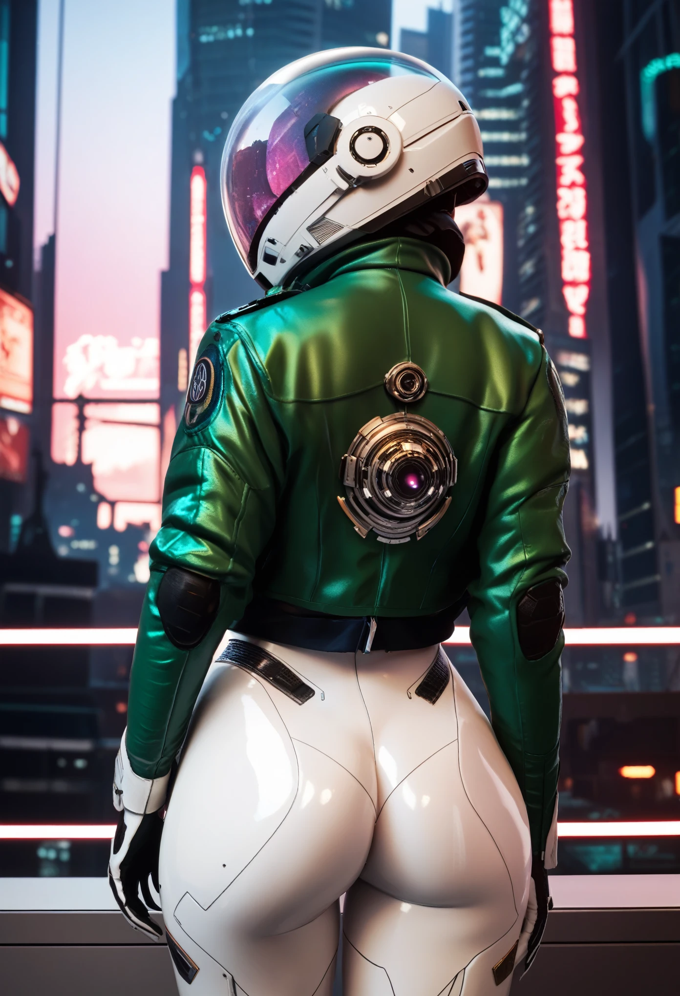 1girl,solo,futuristic city background,cowboy shot,ruanyi0812,white bodysuit,skin tight,sci-fi,green jacket,green jacket,open jacket,back,glass helmet,ass,score_9,score_8_up,score_7_up,,8k,1girl,solo,big ass,realistic image,3d,sharp eyes,realistic eyes