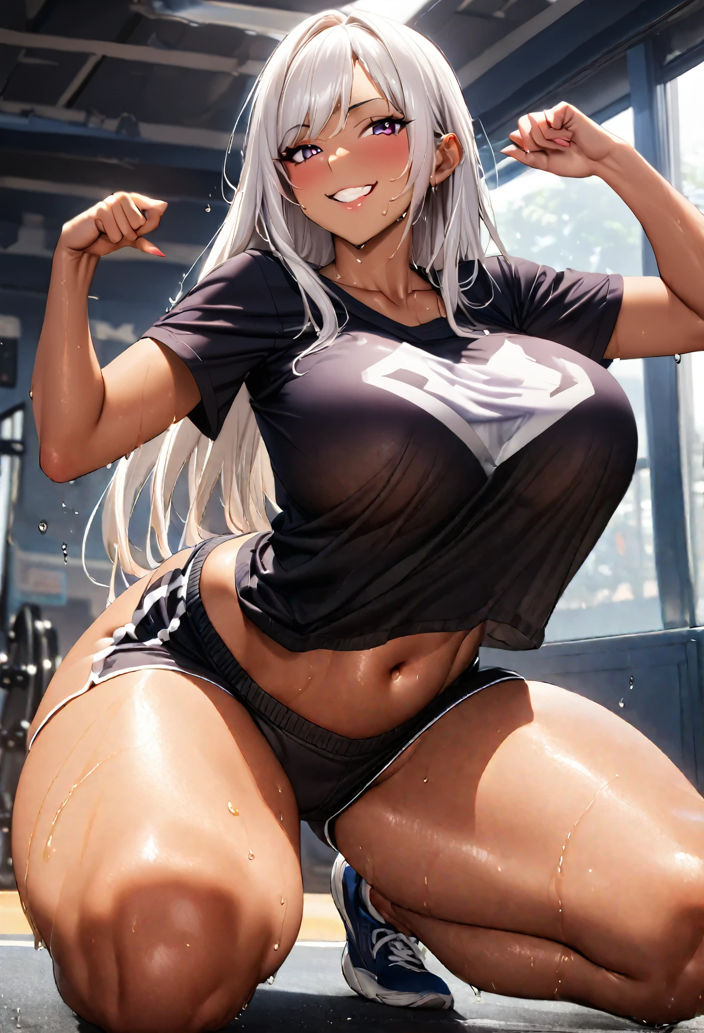 1 girl、 white hair、 long hair、  dark skin 、gym shorts、 beautiful skin,、loose t-shirt、  big breasts、 breasts、  big legs、 big thighs、 Get wet、sweat 、  legs spread 、in gym、runner、 mocking 、mischief、 wicked smile、 evil、 cuerpo entero、 all fours 、all four 、crouching 、  Shooting from Below 、(sexy pose)、( bare navel )、visible navel 、