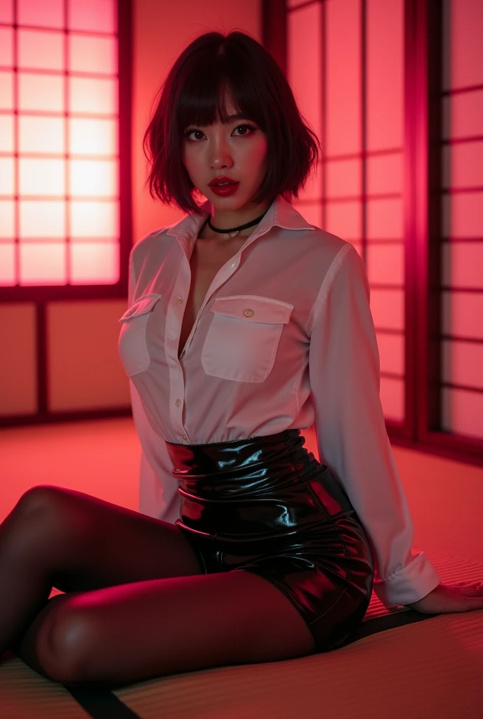 ((Japanese sexy idol))　Mature Woman　((Plump, bright red lips with lipstick))　round face　Big Breasts　Plump　((Brown hair short hair))　((Looking into the camera))　Sit with your legs apart　((White button-up shirt with black patent leather tight skirt and black stockings))　Sweaty skin　　布団の上にSit with your legs apart　look down　((A bedroom with shoji and tatami mats lit up in pink neon lights))　