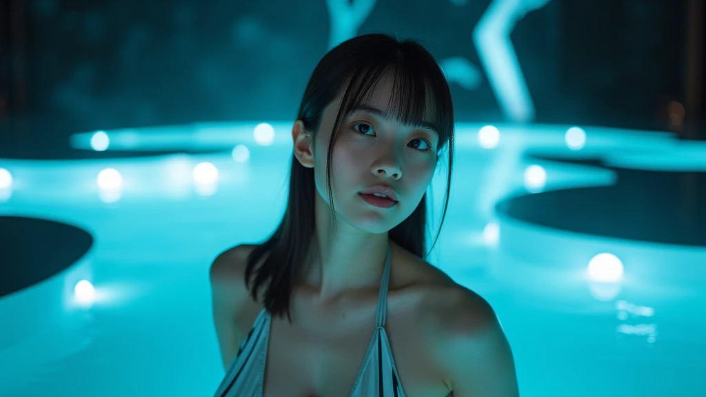 (sfw:2.0),

8k,
(Top Quality), (Ultra Definition),
Masterpiece, high quality, high resolution,
background-centered composition,
perfect anatomy,
 Fujifilm XT3,

break,


(Background　Futuristic spa and hot spring inspired by teamLab's immersive art installations, with a dark black base accented by glowing aqua blue and pure white lights. The space features sleek, reflective surfaces, flowing water pools, and ethereal, floating light patterns. Organic and abstract shapes with dynamic illumination create a surreal and tranquil ambiance. Soft fog surrounds the pools, and glowing orbs float in the air. The scene emphasizes minimalism and elegance, evoking a sense of relaxation and advanced technology).
dim background ,

1 girl, 
 Japanese Gravure Idols:1.2,
she is 18, 
(Big Breasts),
(ash-light-blonde medium-length straight hair),  

(Wearing, glossy enamel material, line print, super-micro-bikini, no strings),

Lying down,
sexy,

Little devil's cute smile:0.8,


(Close up her:2.5),
(her sharp focus:1.2),


(Super dynamic angle: 1.3),
from below:1.2,
