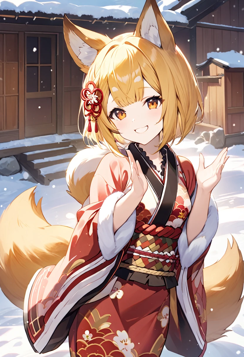  best quality、 very cute 、細身の体、 very small breasts、Fox ears and tail、Red eyes、Yellow long hair 、 hair that flutters like、Snow Scene、Old straw house、Japanese Housing、 Japanese Kimono、Fox pose、smile