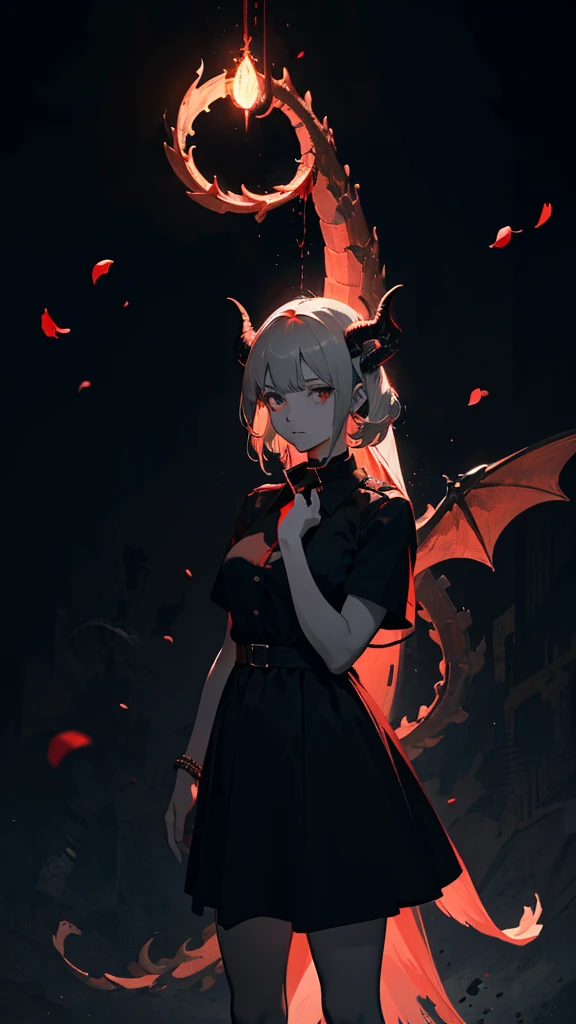 1girl, solo, ((masterpiece)), best quality, perfect face, (perfect anatomy), extremely detailed, demon girl, demon horns, demon tail, demon wings, glowing eyes, white pupils, medium hair, head wreath, large breasts, dress, hand on own chest, butterfly, jail, from behind