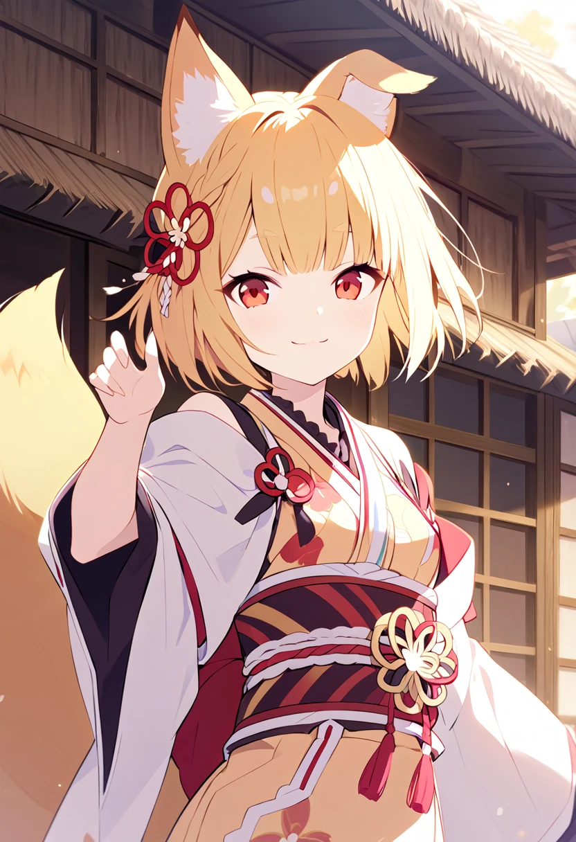  best quality、 very cute 、細身の体、 very small breasts、Fox ears and tail、Red eyes、yellow hair, hair that flutters like the wind、Old straw house、Japanese Housing、 Japanese Kimono、Fox pose、smile