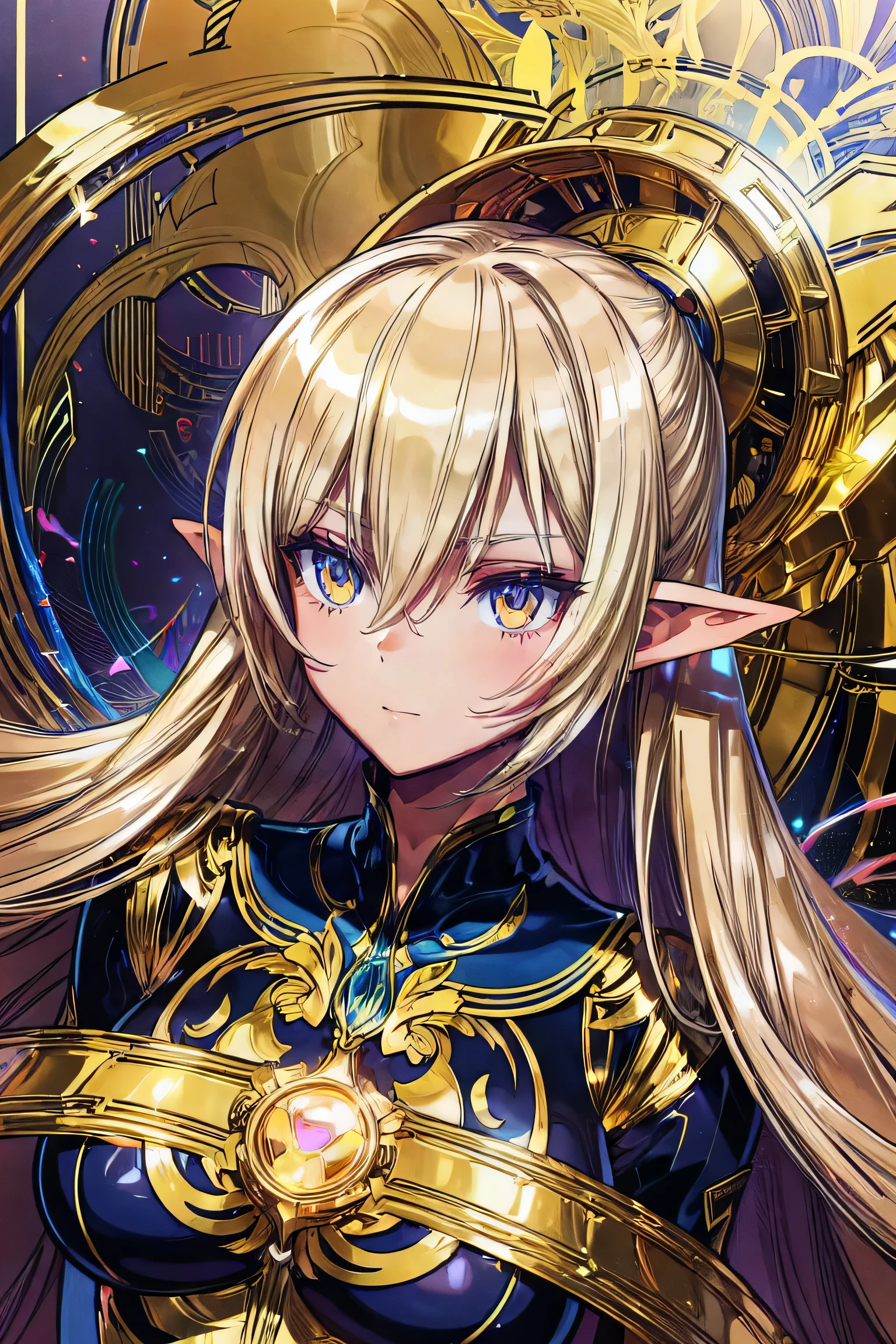 electronics, gold circuitry, gold wiring, buttons, mechanical parts, beautiful abstract ai model with elf ears, smooth shiny pink surface, pretty face, sexy, minimal, sleek, slender, asian, elegant, futuristic, retro, sophisticated, (half human half machine), big gold eyes, ornate gold border, gold metallic background, art nouveau